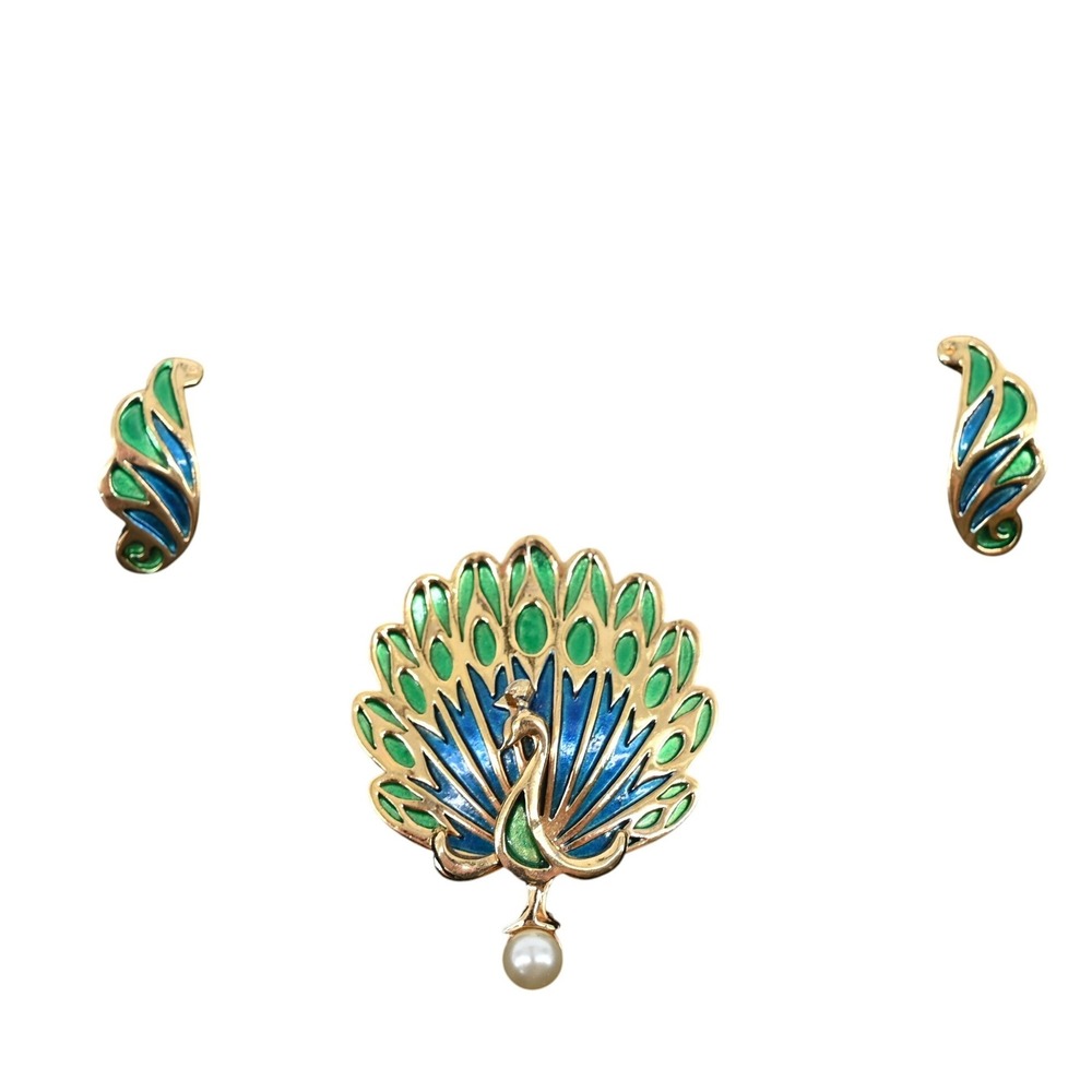 Vintage Napier 1960s Enamel Peacock Brooch Pin & Clip On Feather Earrings Set - Picture 3 of 10